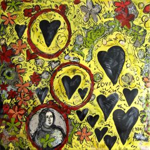 black hearts on yellow sky