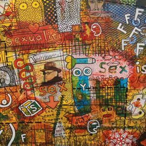 Freud   mix media 180x180 cm  2014  who is change the life with his theories on human sexuality. Freuds theory and its effect in human society and its outcomes with insultint to women repituation in the view of religinous undeveloping and irregressing cou