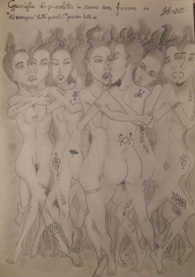 Groviglio di piccolette in sauna con fusione