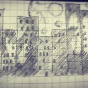 A moon behind skyscrapers