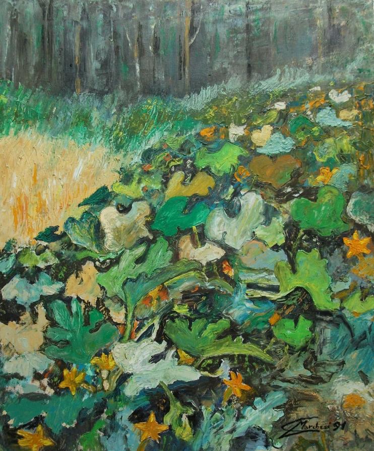 FIORI E FOGLIE DI ZUCCA (OLIO SU TELA)