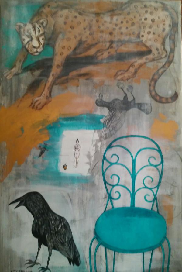 Cheetah, Crow, and Blue Chair