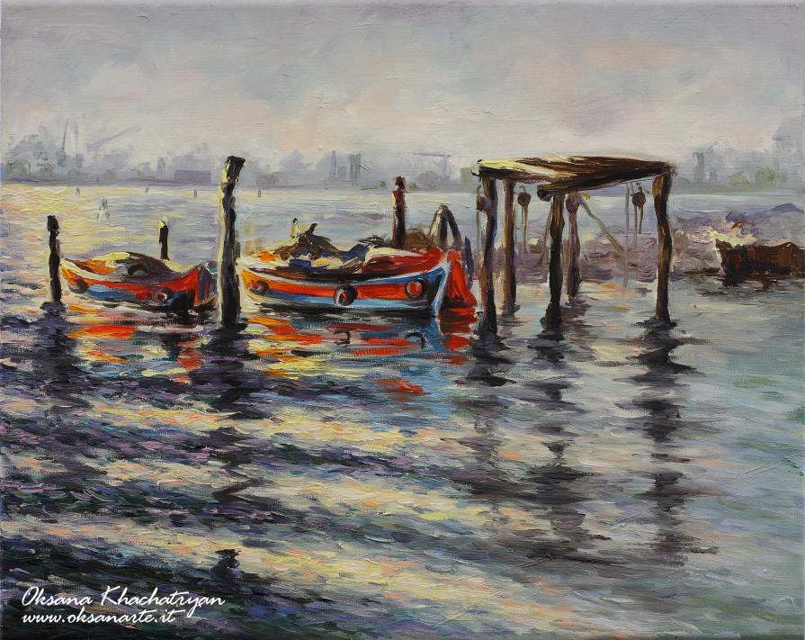 "BARCHE AL TRAMONTO" - Olio su tela, 30x24 cm, 2011