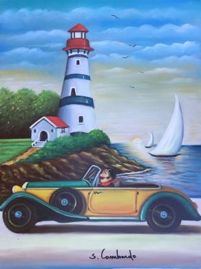 Salvo Lombardo - L'auto gialla  - olio su tela - 60 x 80