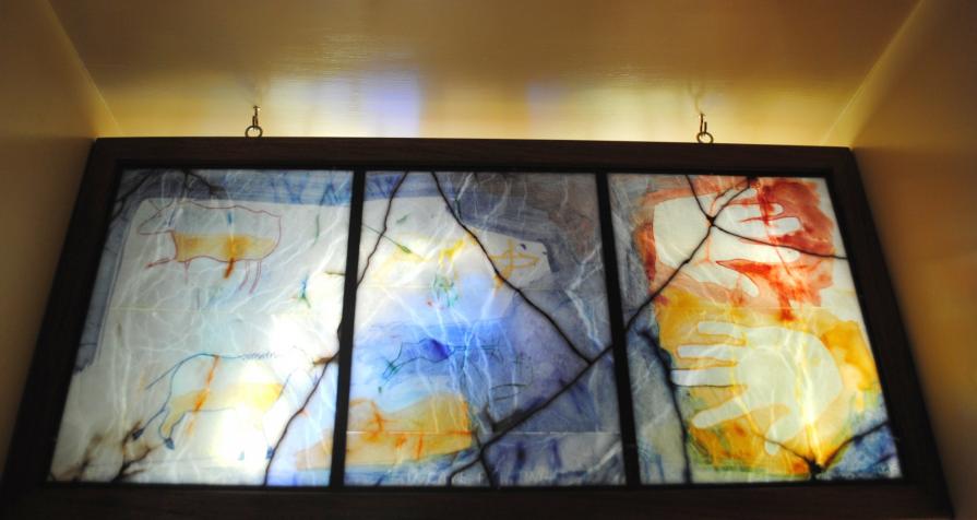 "Cave Paintings", Sliced Stone window in wooden frame