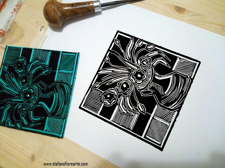 Incisione Linocut - Vaso con Fiori