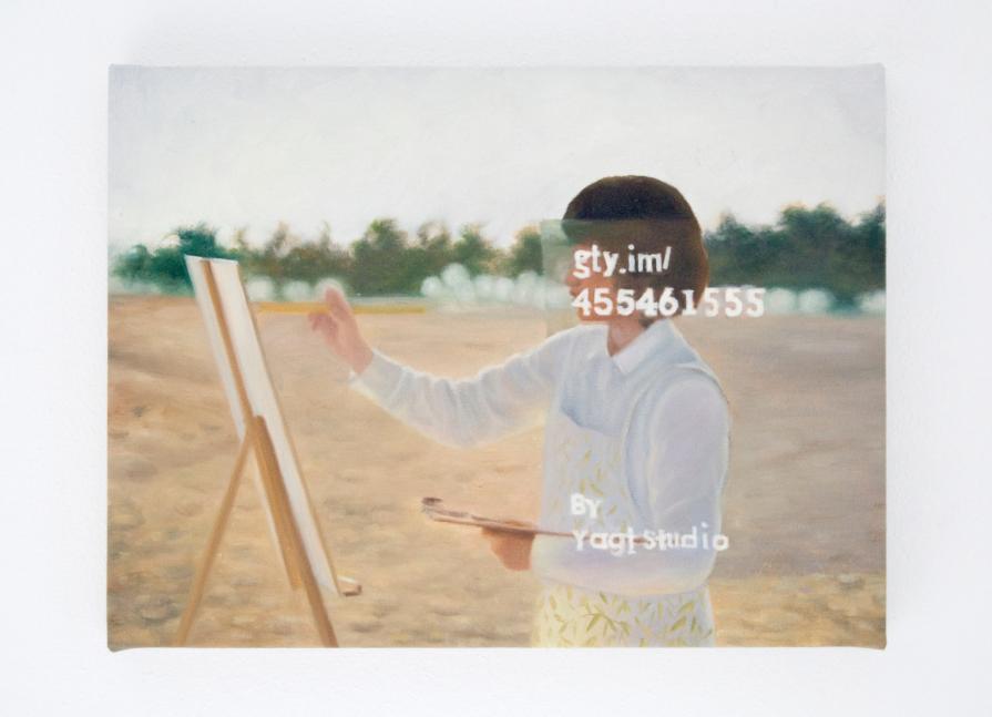 A Contemporary Portrait of the Internet Artist - Woman drawing the oil painting on the beach