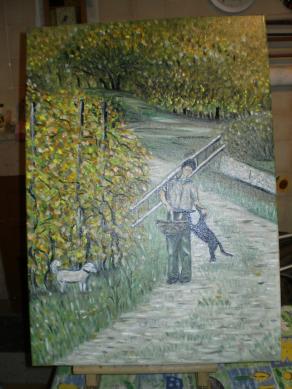 ragazzo con scala che accarezza cane