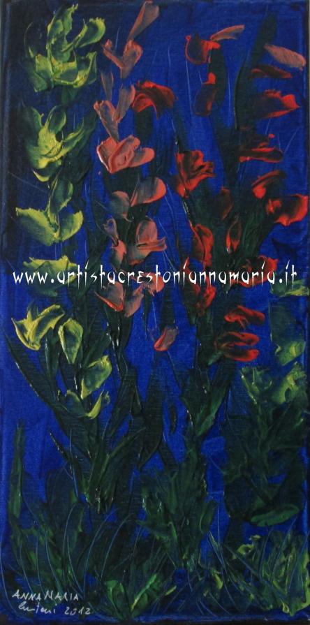 Steli Fioriti sul Fondo Blu - Olio su Tela 25/50 Tecnica Mista - anno 2012