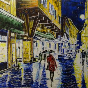 Bologna sotto la pioggia: via Clavature di notte