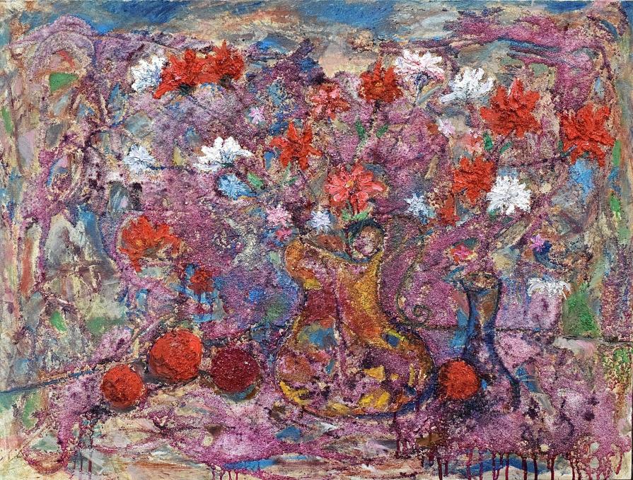 "Bodegón de flores y frutas" "Still life of flowers in a vase, with fruits,