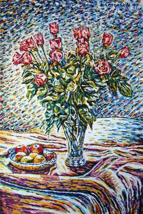 Vaso di rose con frutta