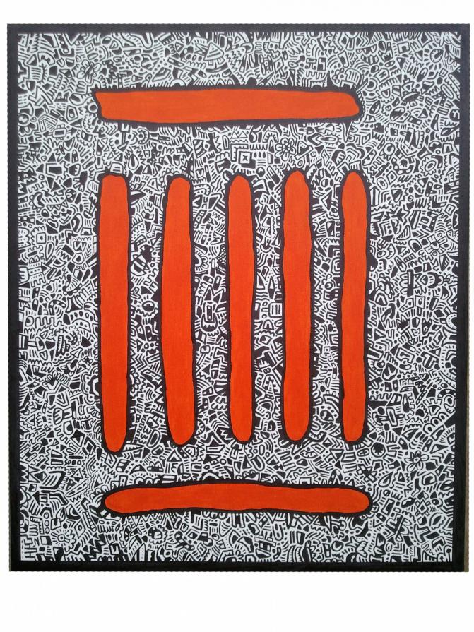 Segni arancioni primordiali su tratti neri