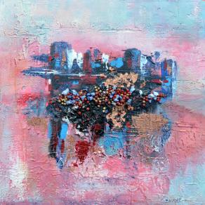 Gabriella Dumas Burgato - Alba in città - tecnica mista su tela - 40 x 40