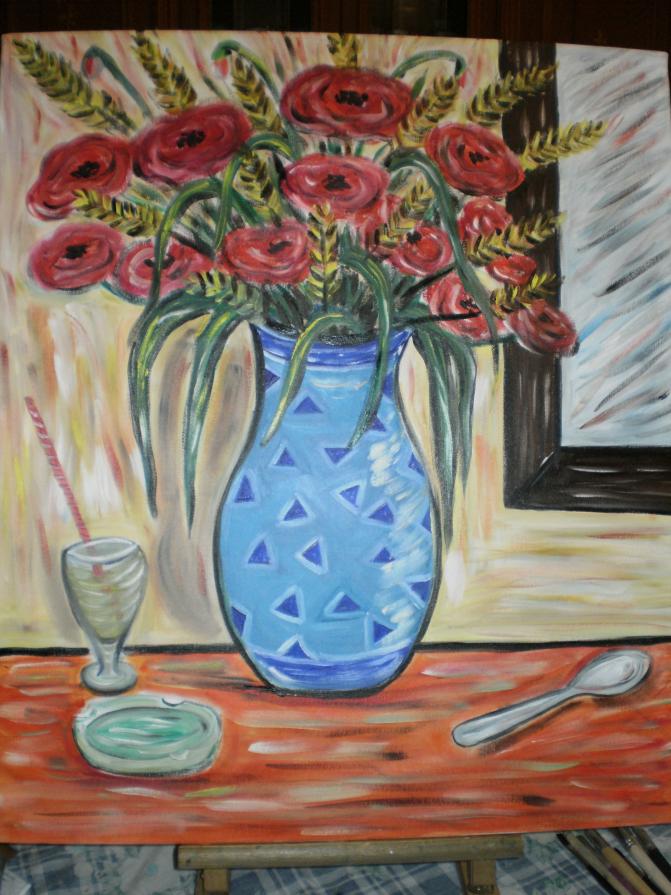 Vaso con  papaveri e spighe di grano