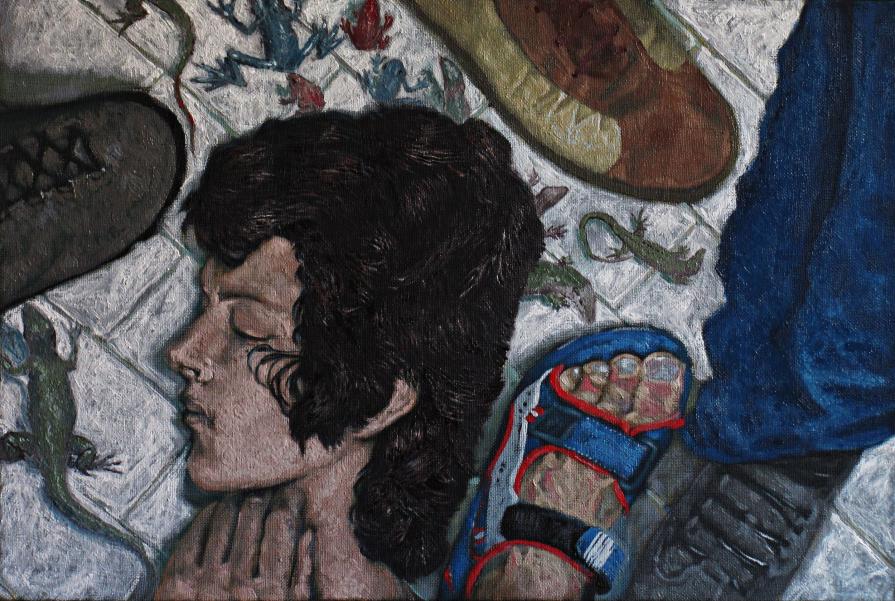 Sleeping on the sidewalk. Sleeping on the sidewalk.