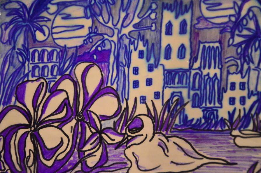 Visione onirica di freddo luogo sospeso nelle nubi psichedeliche