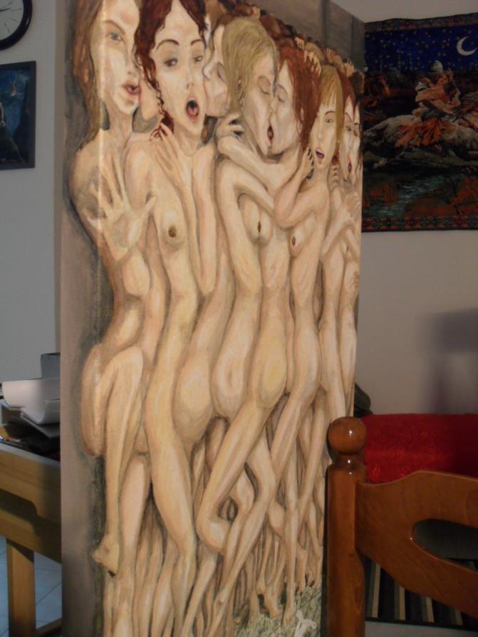 Passione di donne - Aggrovigliamento di magroline minute costrettesi in locale ristretto (particolare)