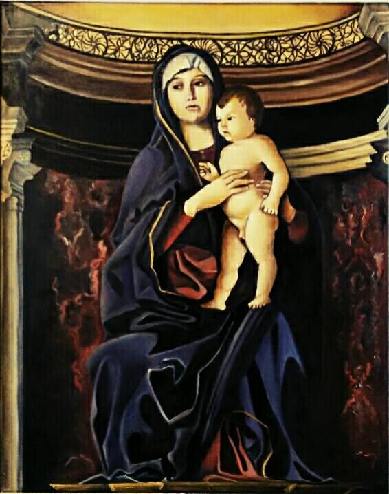 "Madonna col bambino" (Particolare del Trittico con la Madonna col bambino e i Santi Niccolò, Piero, Benedetto e Marco di Giovanni Bellini)